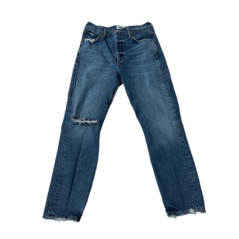 Agolde Women Riley Long High Rise Straight Leg Jeans Size 27 Blue Distressed